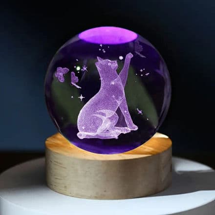 Enchanted Cat & Butterfly Glowing Crystal Orb Lamp